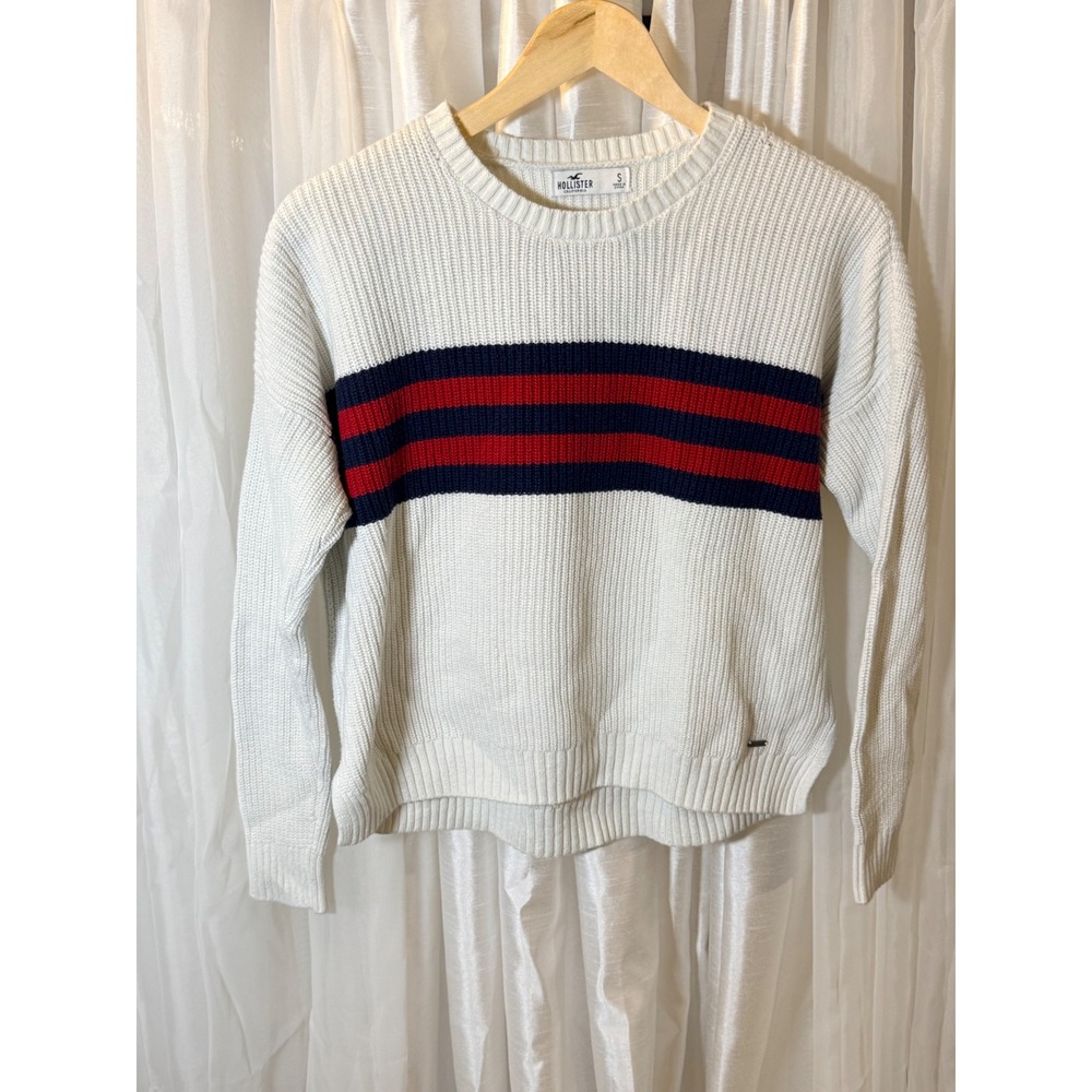 Hollister Sweater Womens Small White Navy Red Stripe Ribbed Crewneck Top
